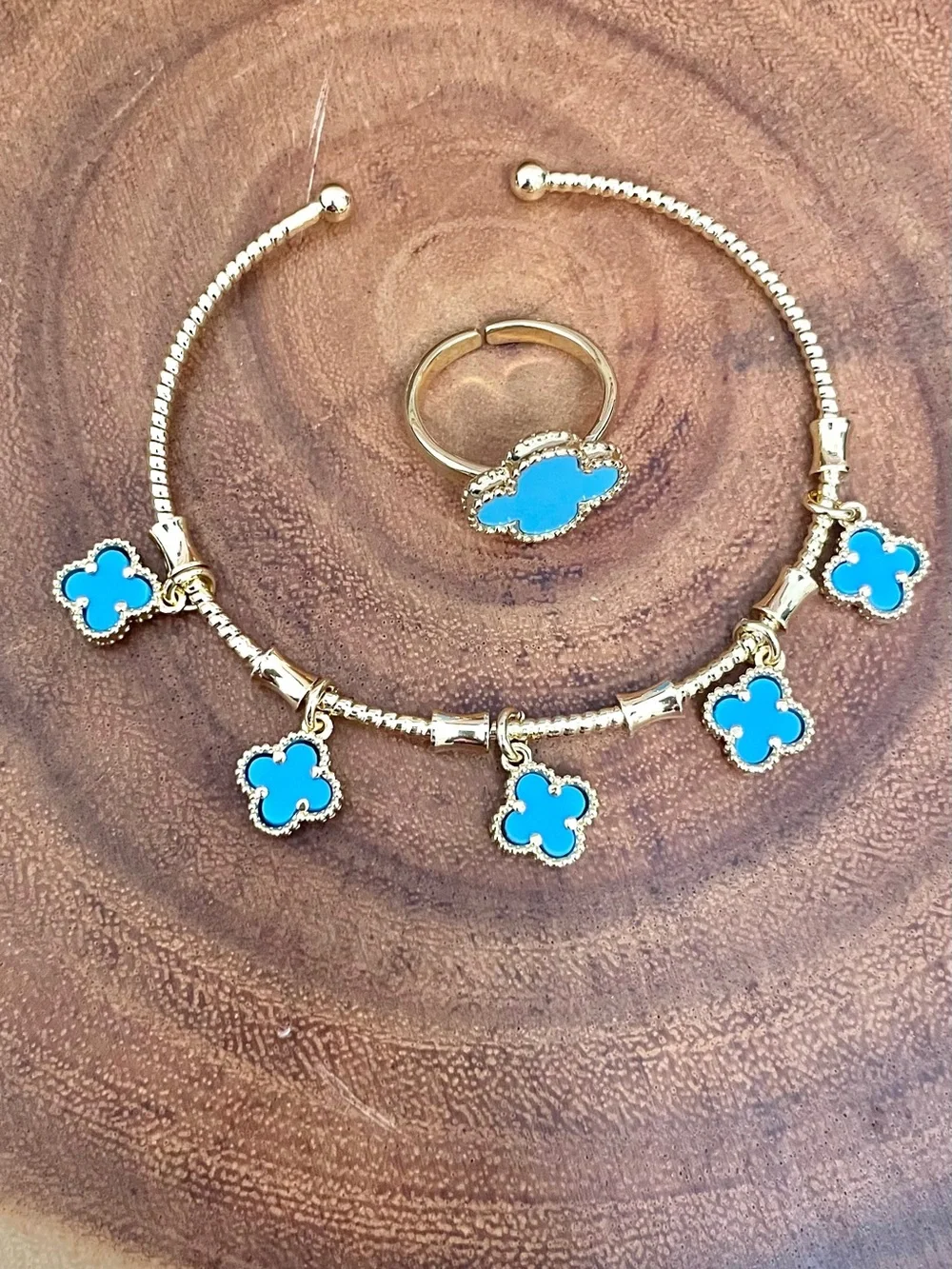 Blue Gold Filled Clovers Adjustable Cuff Bracelet Adjustable Ring 2 Pc Set NWOT